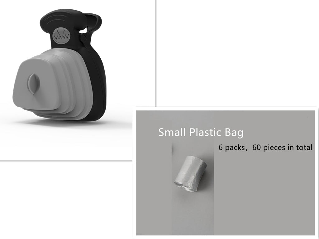 Black and gray portable poop picker 'small & large Plastic Bag' and quantity.