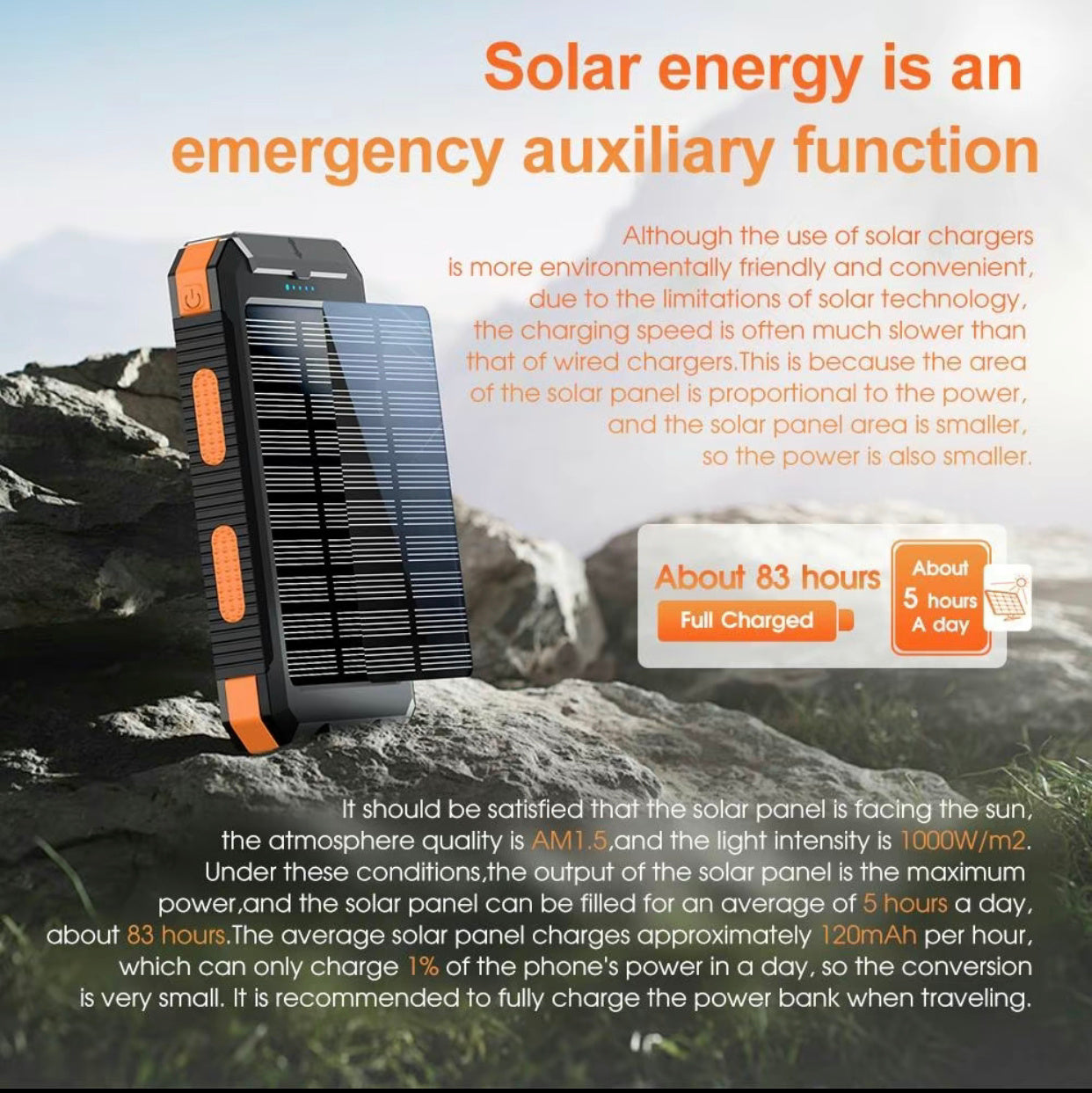 Solar power bank on a rocky surface with text about solar energy and charging time.