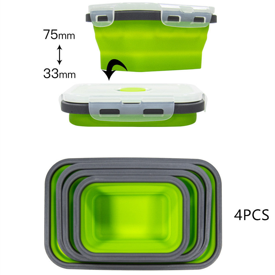 Set of four green collapsible containers with measurements and a stack of three containers on a white background.
