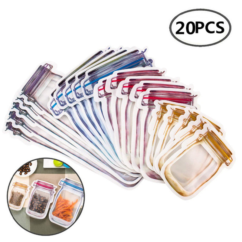Set of 20 transparent zipper bags with colorful lids on a white background.