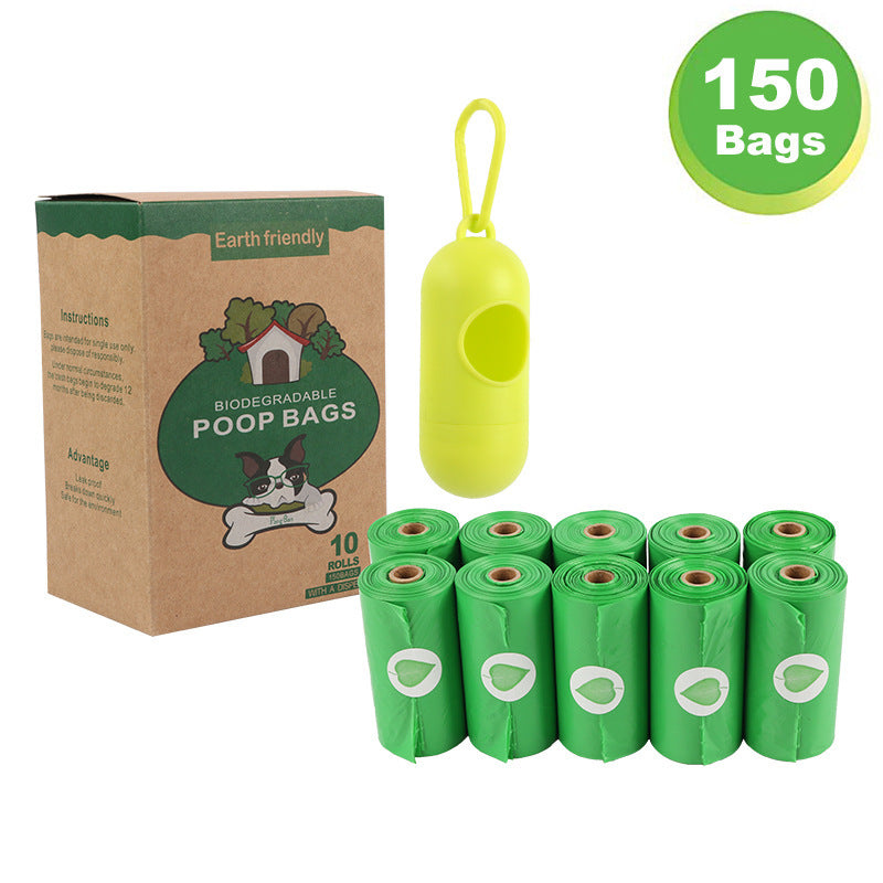 Dog waste management kit with biodegradable poop bags, packaging, and yellow bag dispenser 