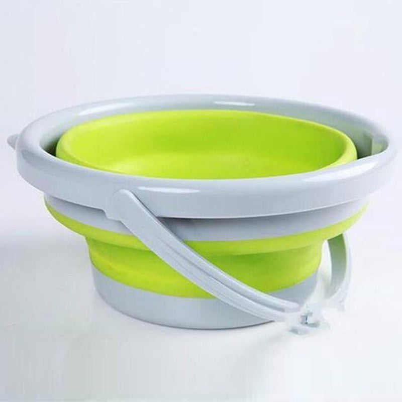 folded silicone bucket packing into a backpack for eco-friendly travel