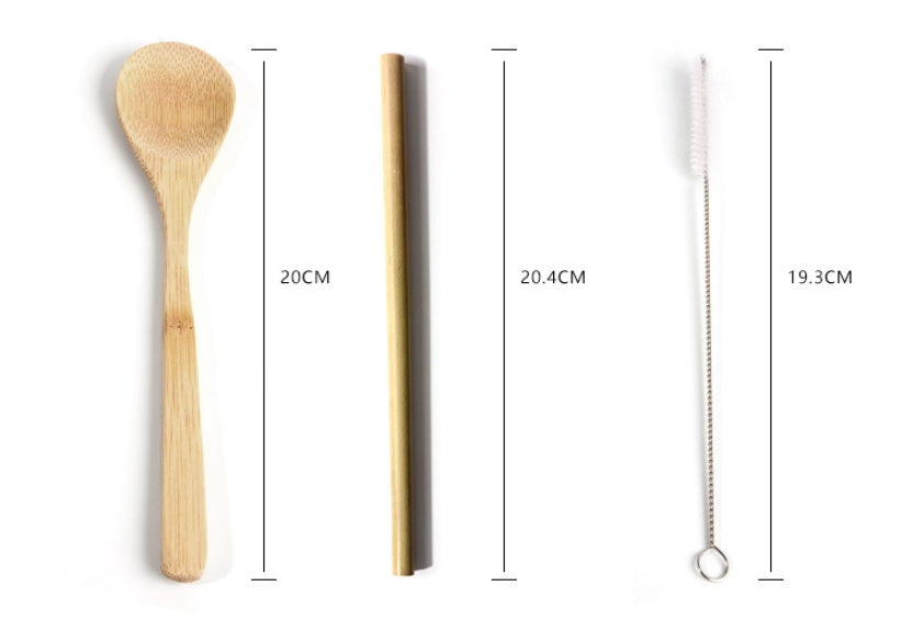 Bamboo spoon, straw, and cleaning brush with measurements 