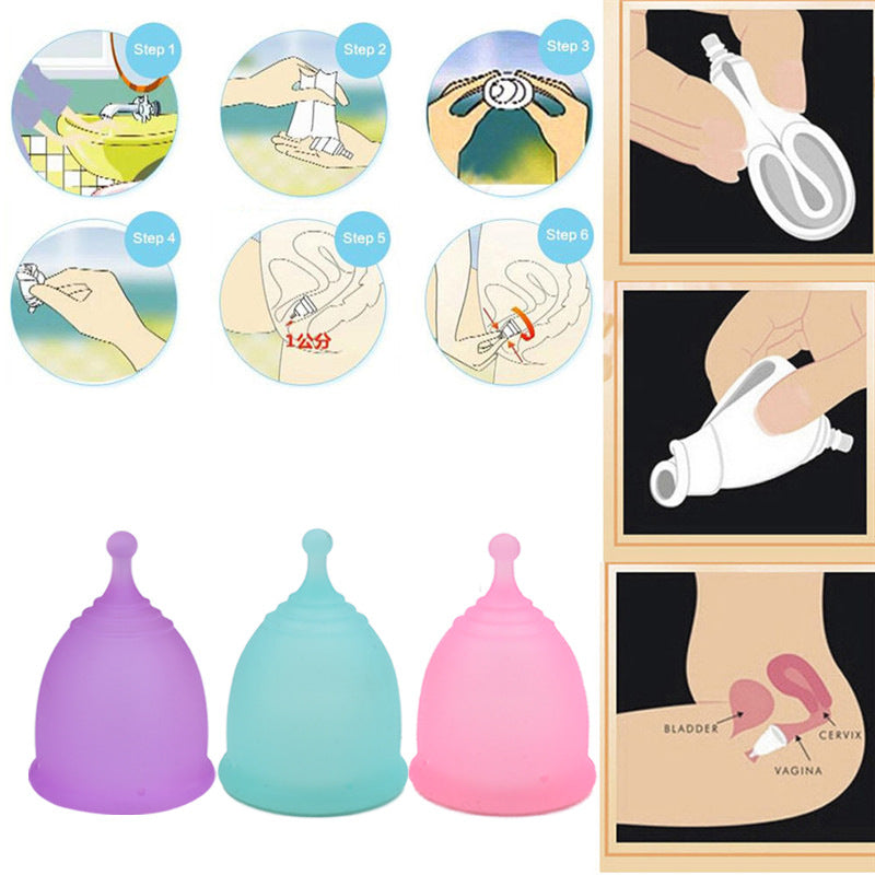 Eco Menstrual cup with usage instructions and anatomical diagram 