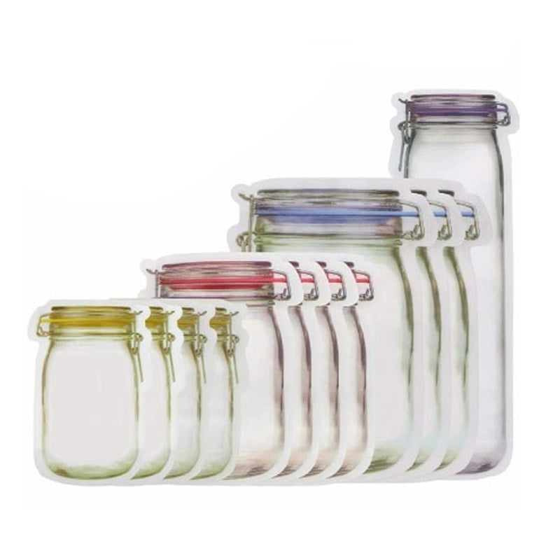 Set of reusable waterproof storage bag with various sizes and colored lids on a white background