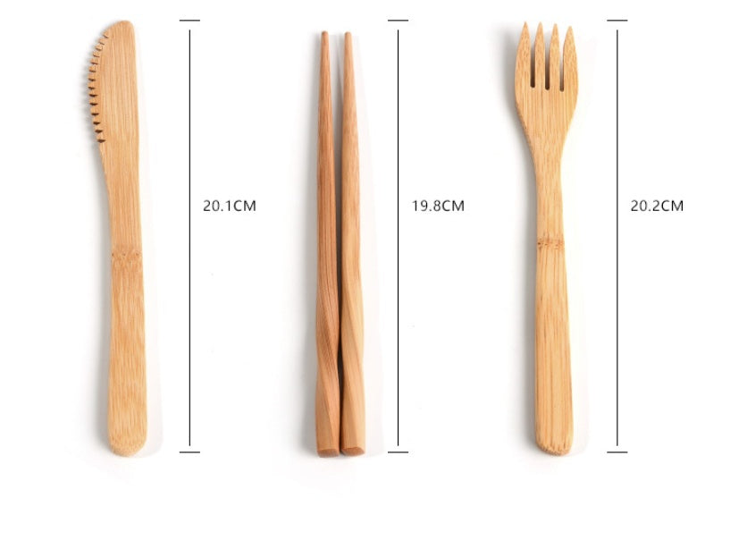 Bamboo cutlery set with knife, fork, and chopsticks with measurements.