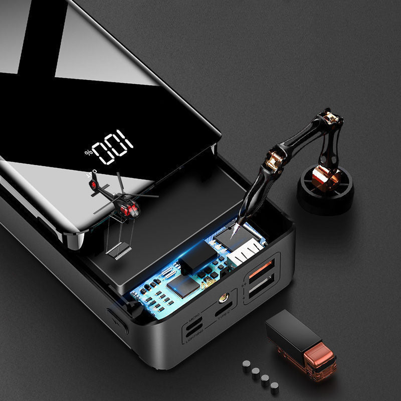power bank a with open cover displaying internal components on a dark background