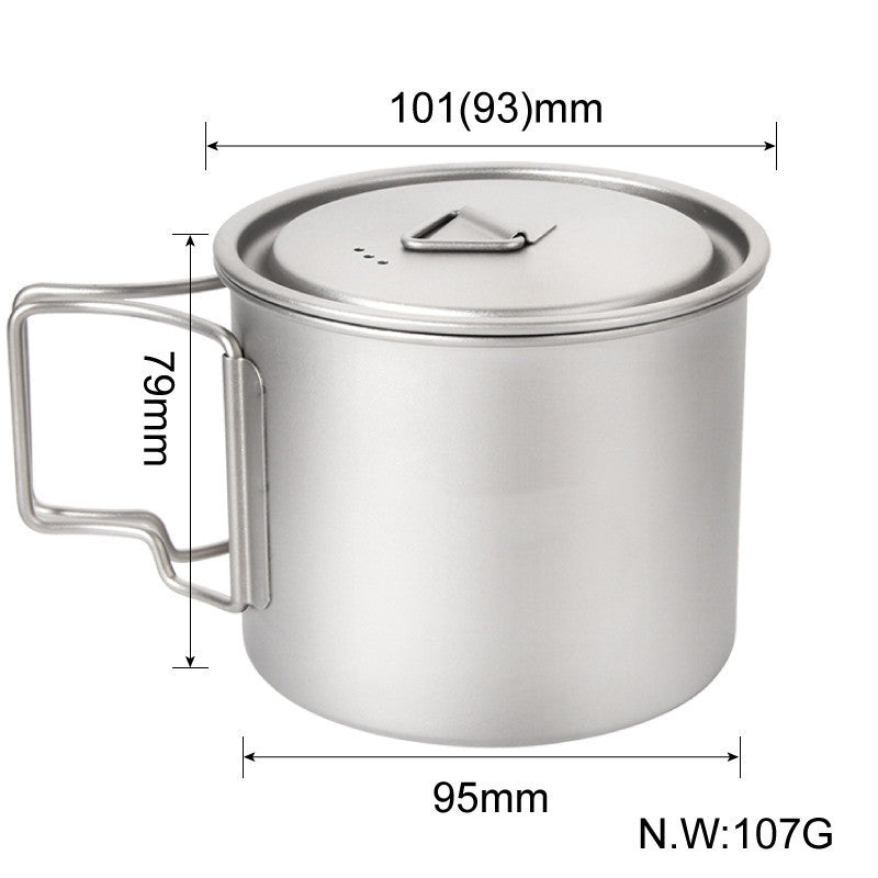 Foldable titanium camping mug with dimensions and weight displayed