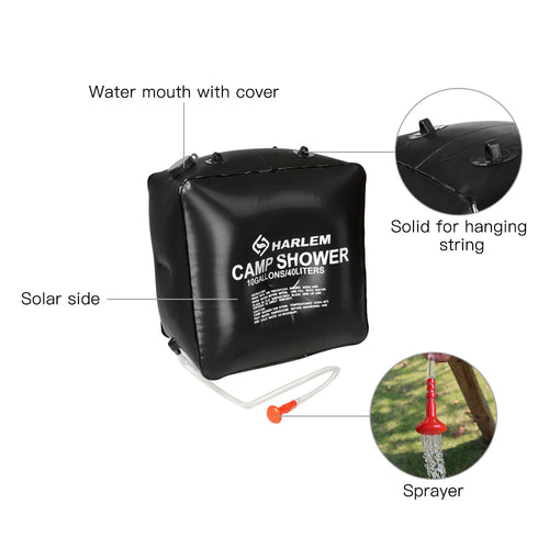 Black camp shower with labeled features on a white background