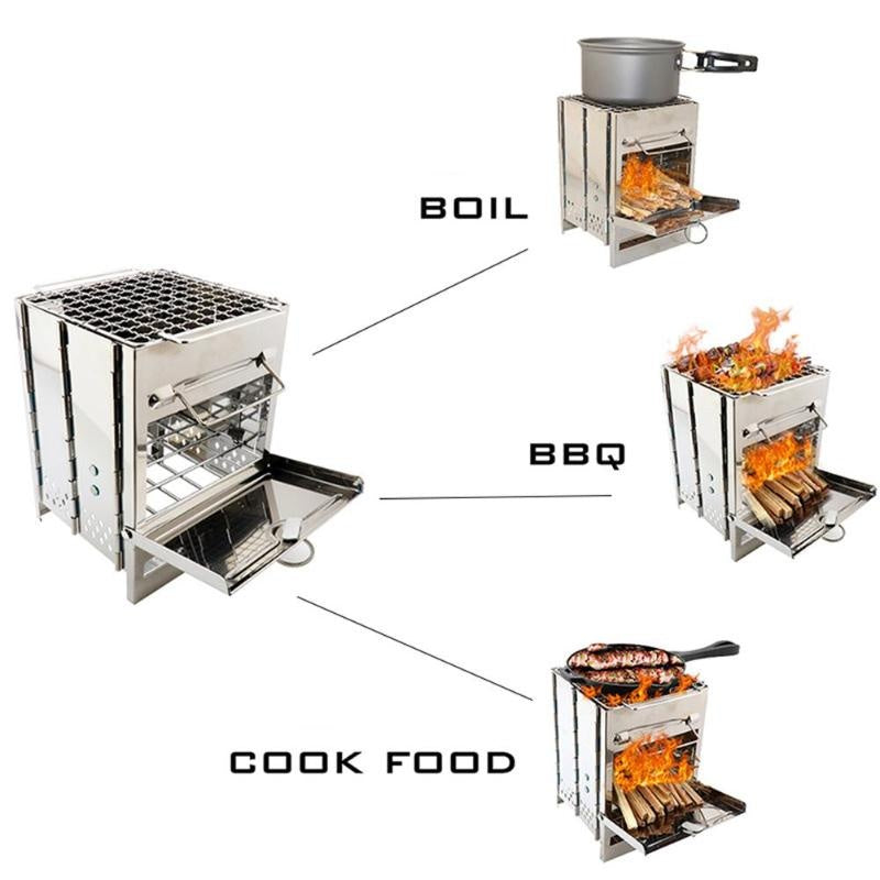 Multifunctional outdoor stove with different cooking methods shown UK outdoor cooking