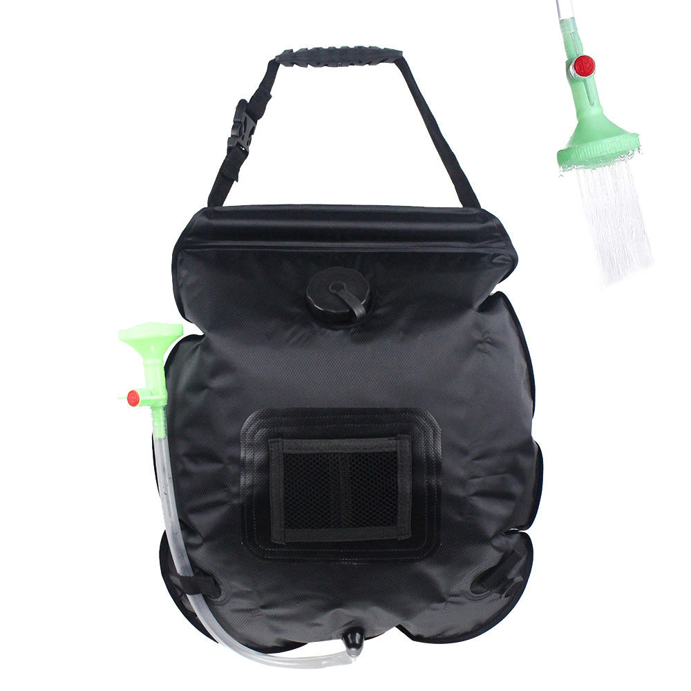Black portable outdoor shower bag with a hose and nozzle