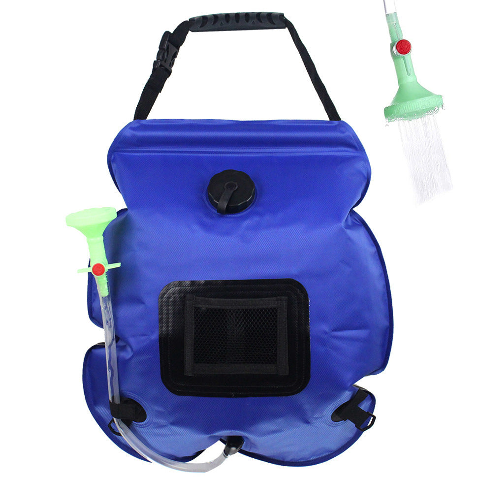 Blue backpack with a solar panel and water pump on a white background
