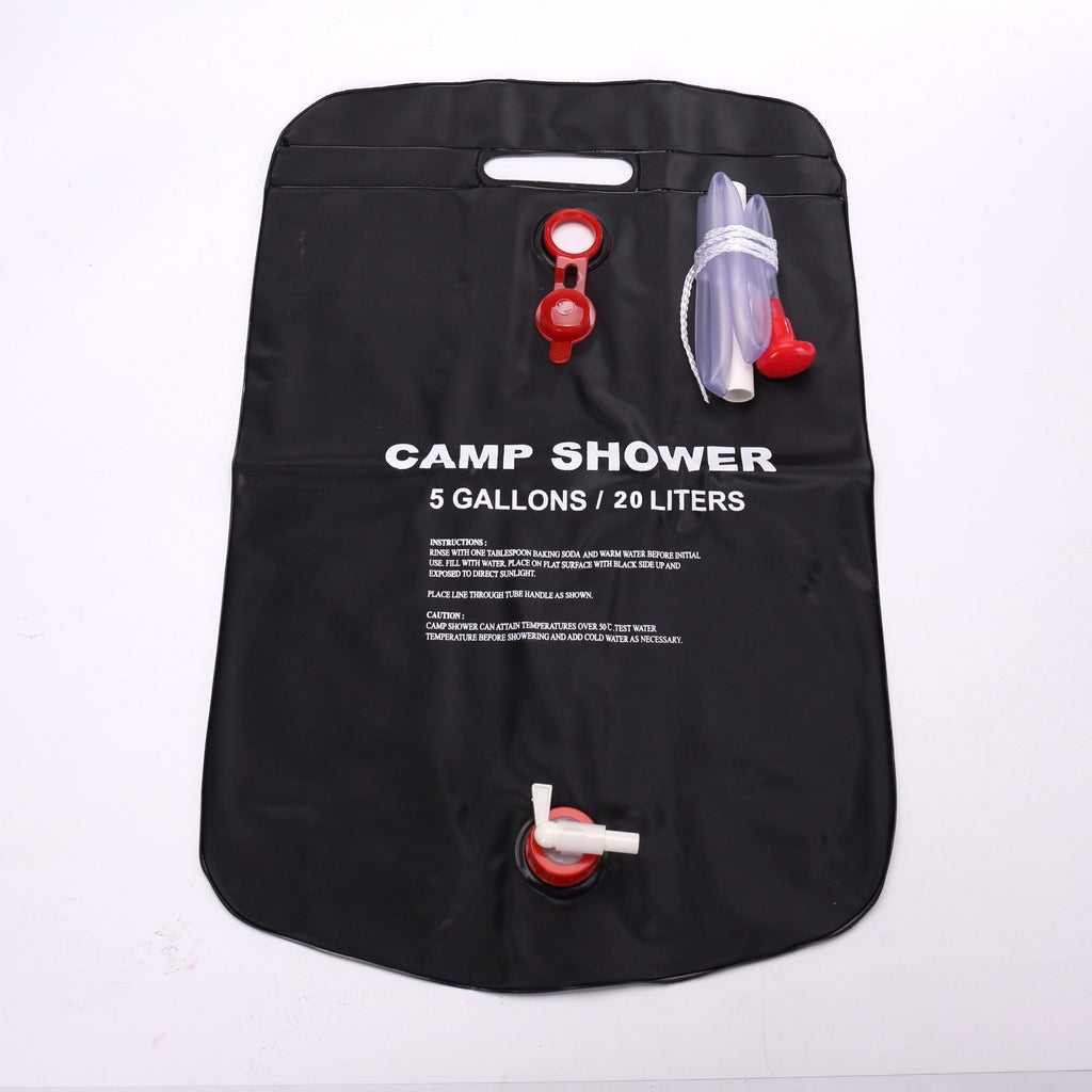 foldable black camp shower bag with red and white connectors Australia travel ready