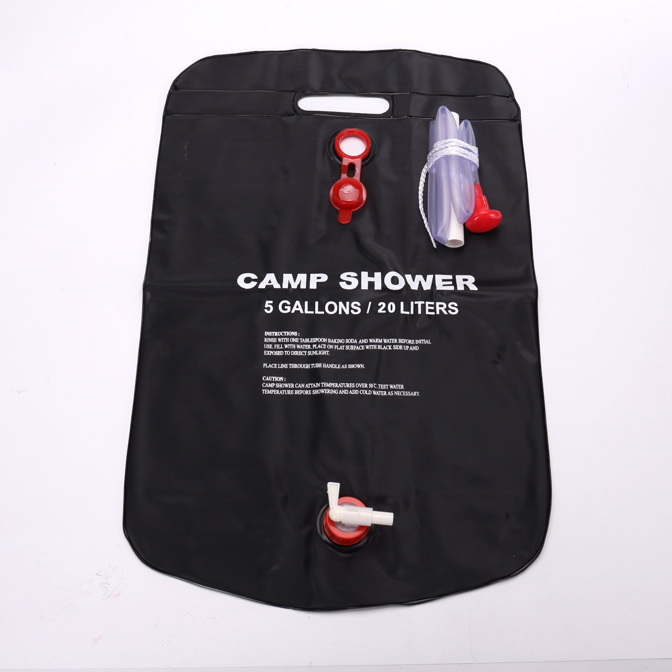 foldable black camp shower bag with red and white connectors Australia travel ready