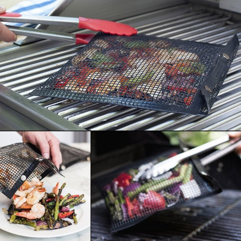 Eco mesh grill bags being used on a grill with vegetables and meats.