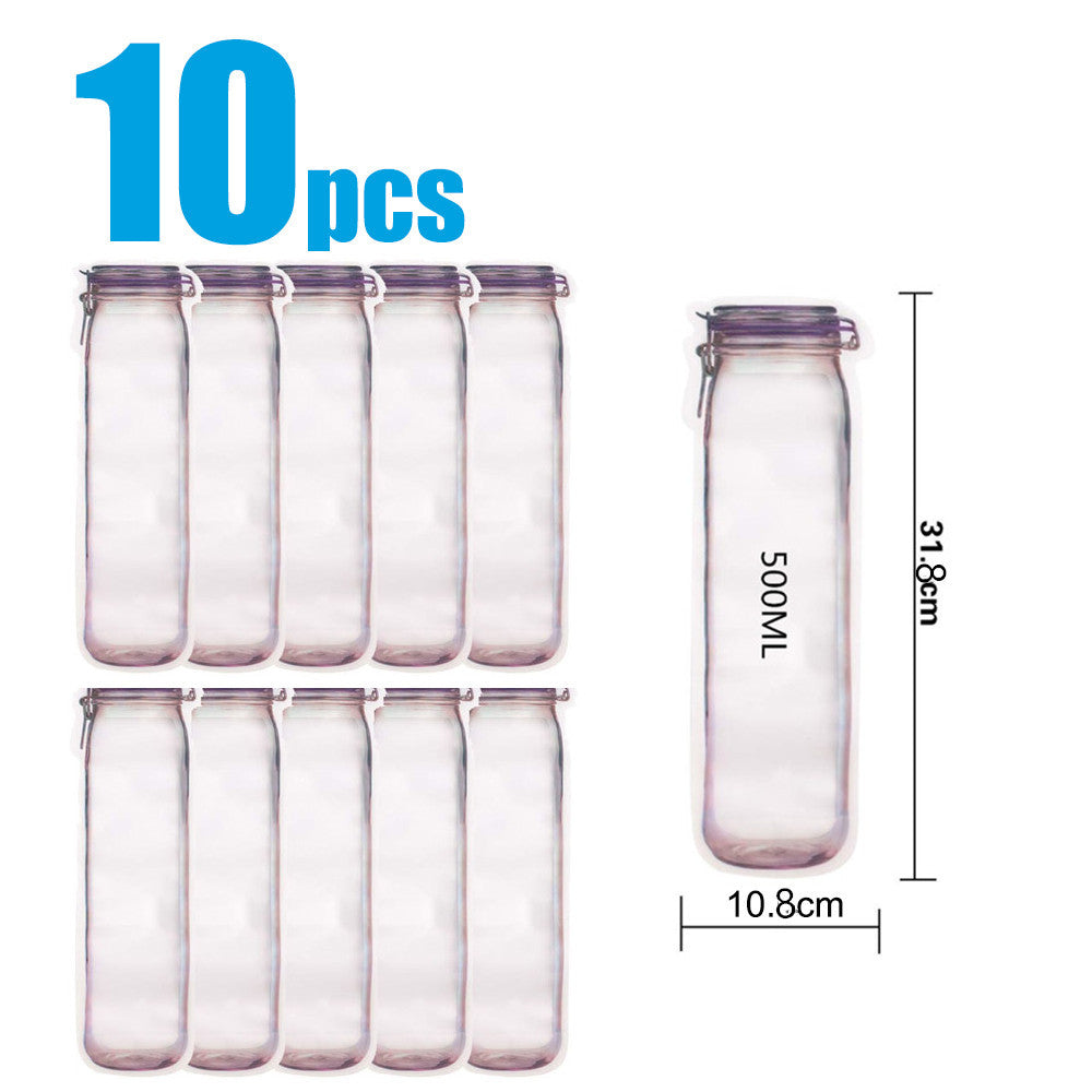 Set of 10 clear plastic snack bags sealed airtight for freshness with dimensions.