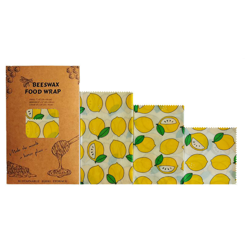 Beeswax food wrap with lemon pattern, zero waste compostable organic cotton.