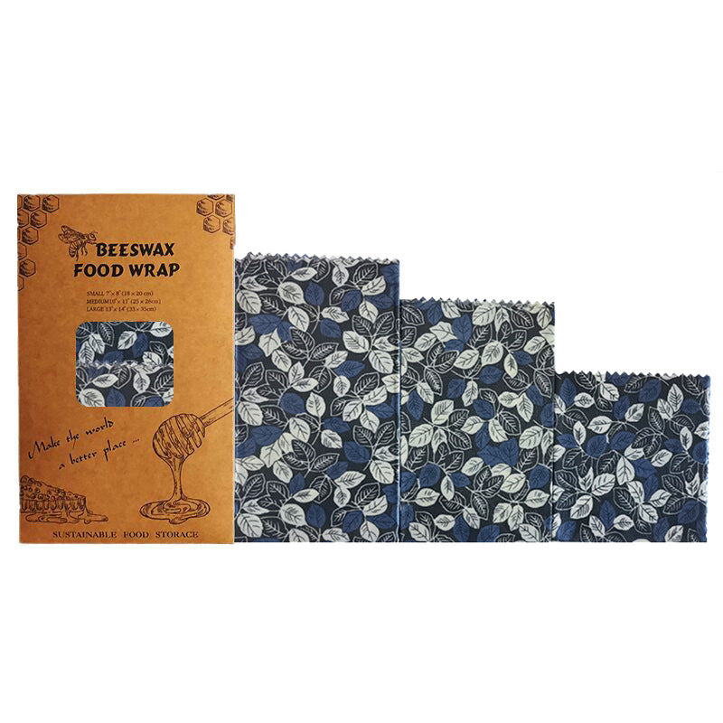 Set of blue patterned beeswax food wraps plastic free for fruits and snacks