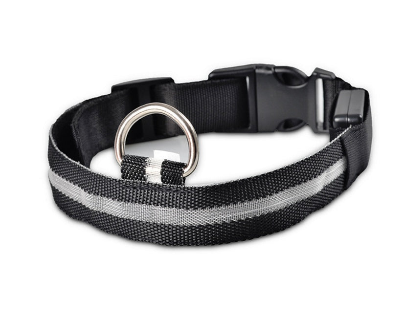 Black and gray dog collar with reflective strip on a white background