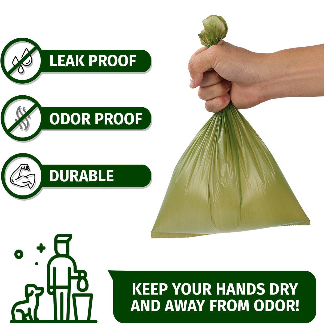 Green trash bag held by a hand with features labeled 'leak proof', 'odor proof', and 'durable' UK