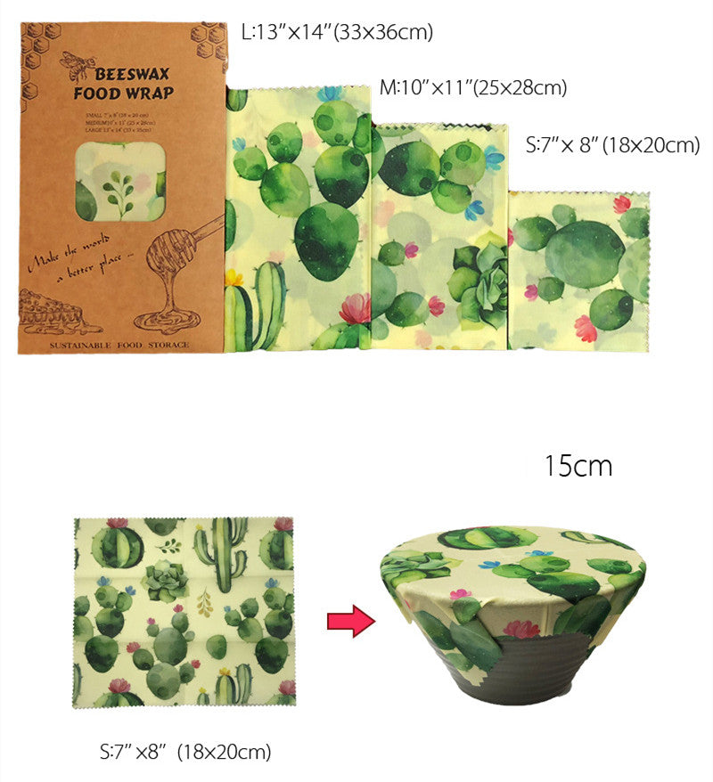 eco beeswax food wraps reusable kitchen storage US cactus design, size measurements.