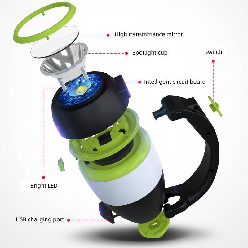 camping LED lantern with labeled parts on a white background