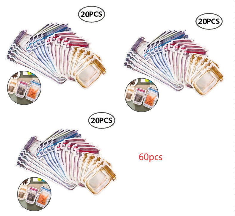Multiple sets of clear snack bags with zippers on a white background, labeled with quantities.