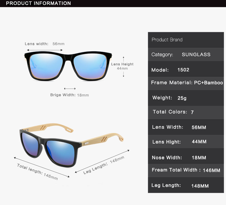 unisex square bamboo sunglasses with specifications.