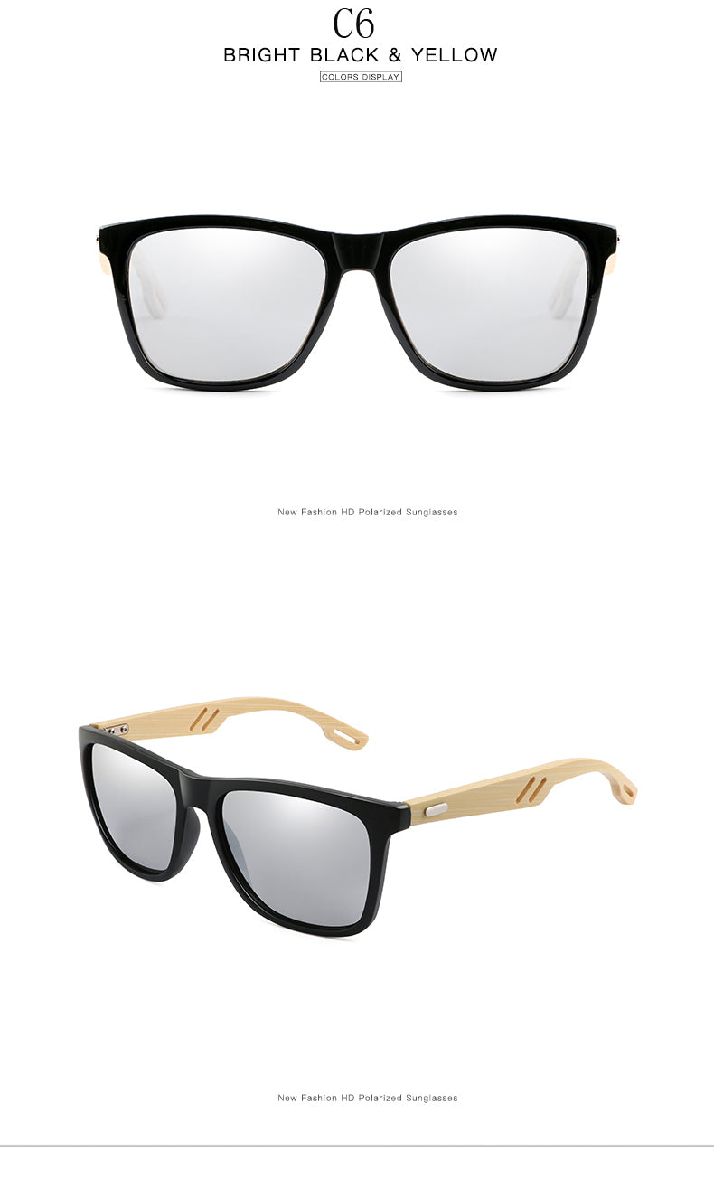Two eco fashion bamboo sunglasses bold square frame UK wearer