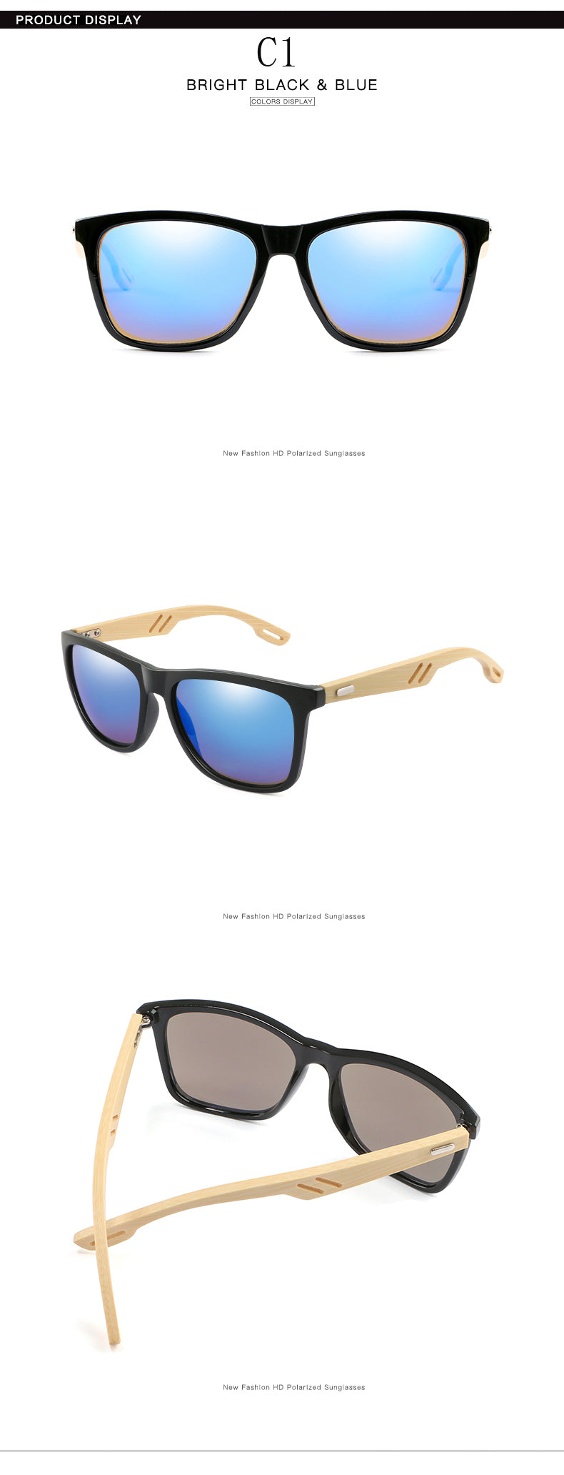 Three pairs of sunglasses with different frame styles and color options.