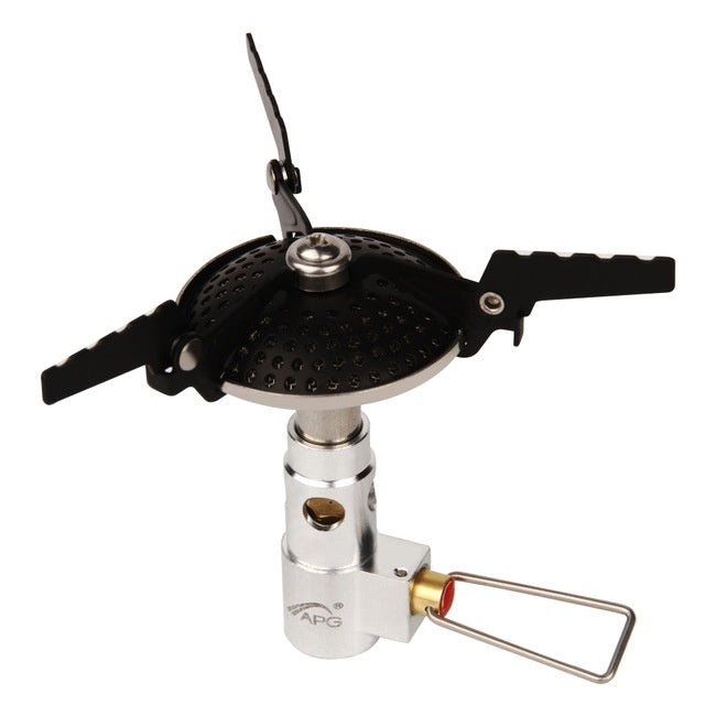 Portable camping stove with black burner and silver base on a white background