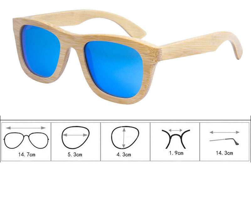 Wooden sunglasses with blue lenses & dimensions 