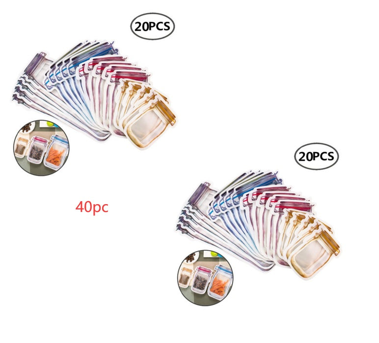 Set of 40 clear plastic bags with colorful labels on a white background
