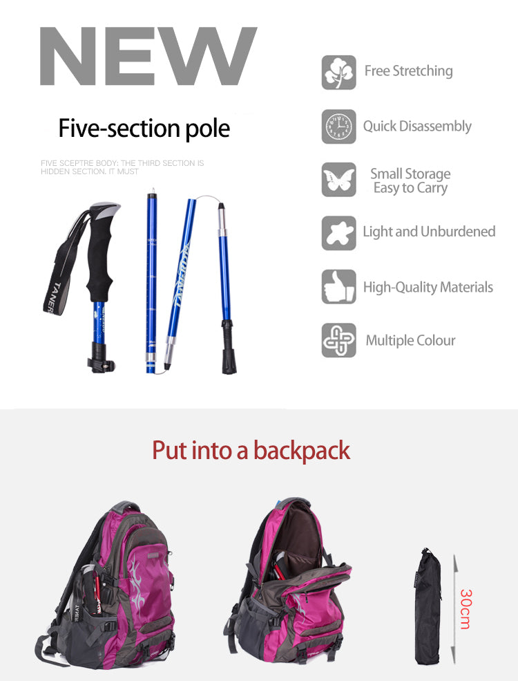 Five-section pole with features listed and two backpacks shown UK.