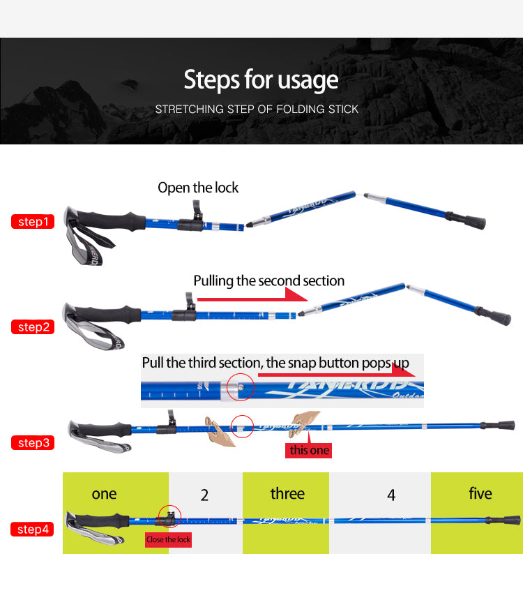 Instructions for using a folding hiking stick with labeled steps on a white background.