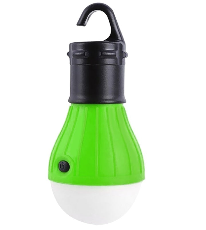 Green camping light bulb with black hook on a white background
