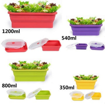Set of colorful collapsible containers with salad and measurement labels 