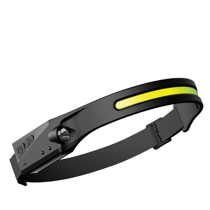 Black headlamp with a yellow stripe on a white background