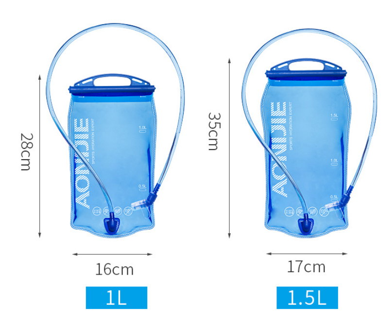 Blue hydration bladder with measurements on a white background