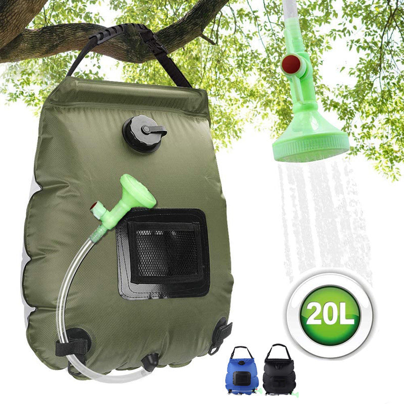 solar bath water bag 20L hanging over a tree branch US camping