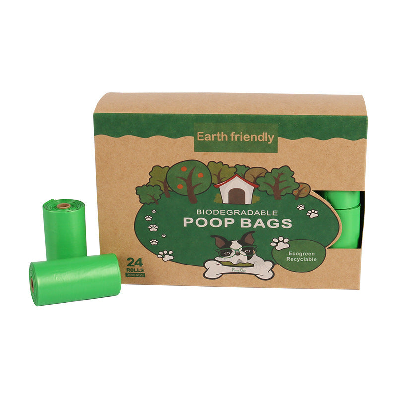 Box of biodegradable poop bags with green rolls