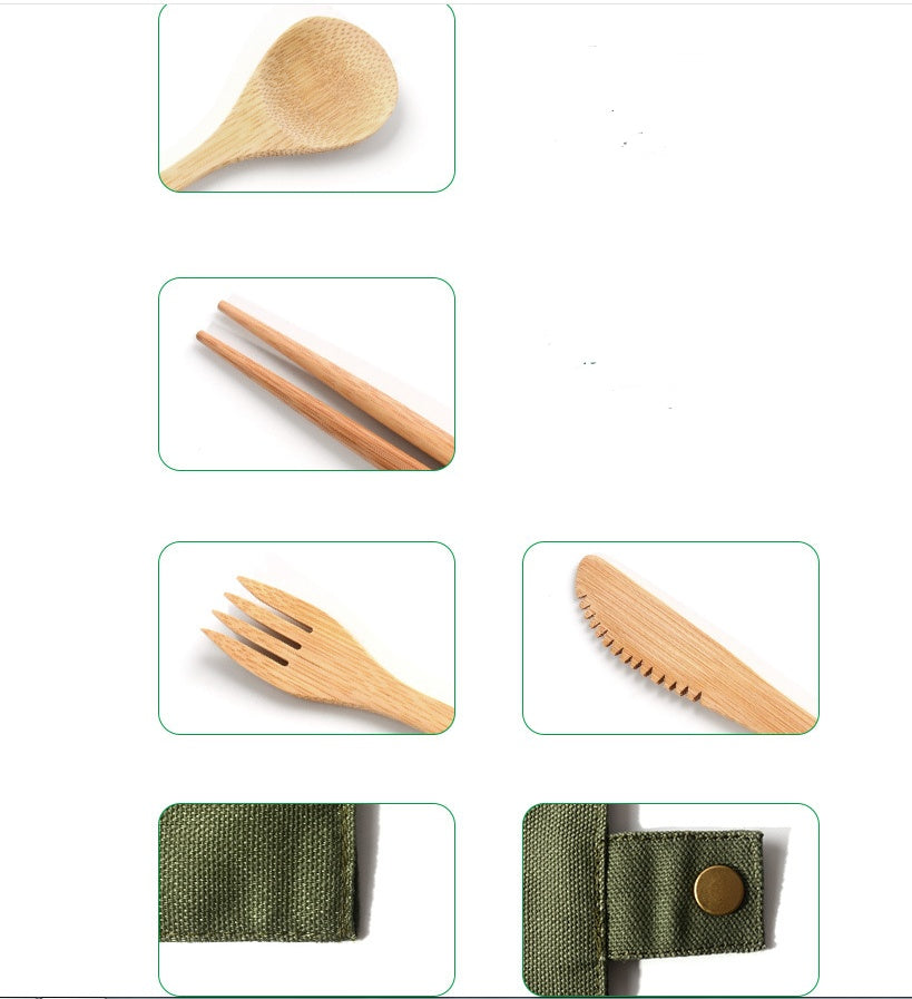 Set of wooden utensils including a spoon, tongs, fork, and comb with a green carrying case