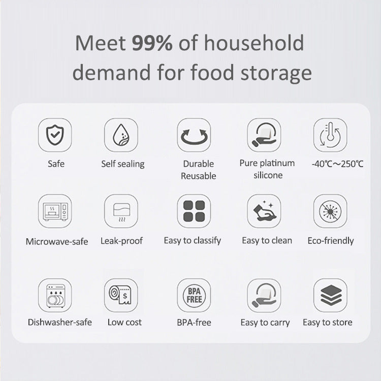 List of features for food storage products on a gray background