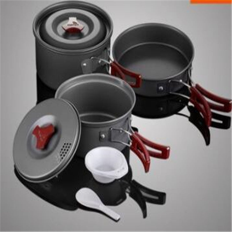 Portable pot and pan cooking set—perfect for campsite meals or beachside cookouts