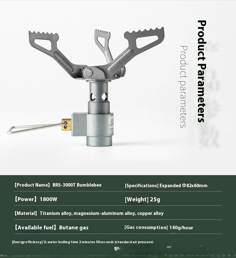 titanium camping stove with product parameters on a white background