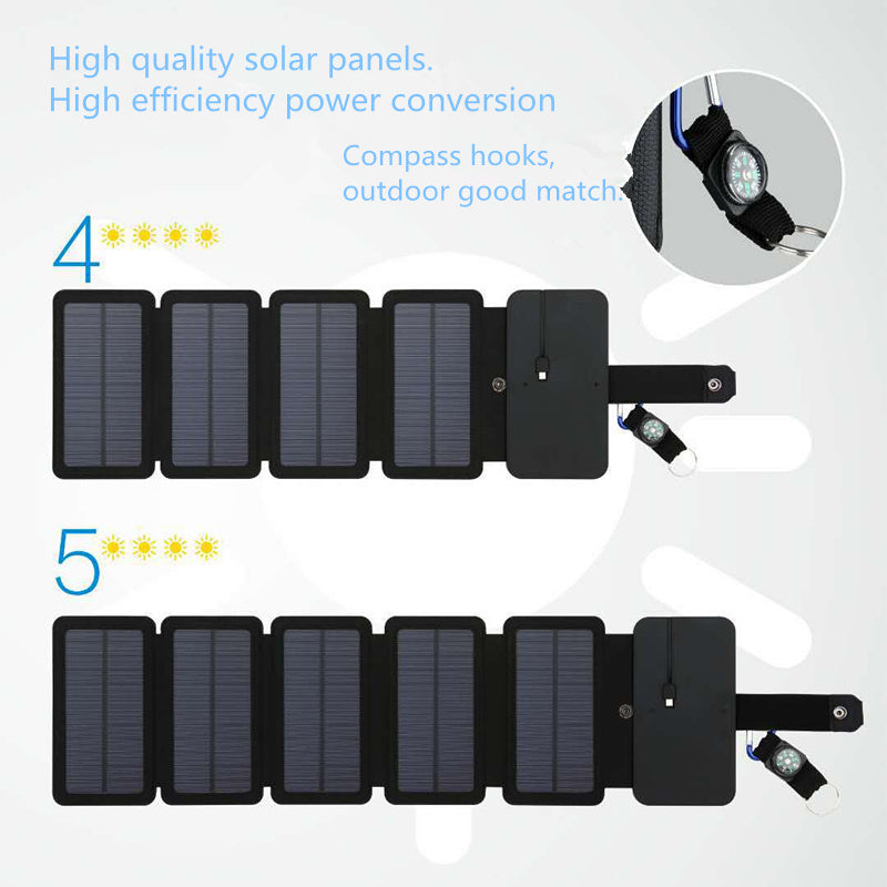 folded solar charger lightweight fits into travel gear bag with compass clip. 
