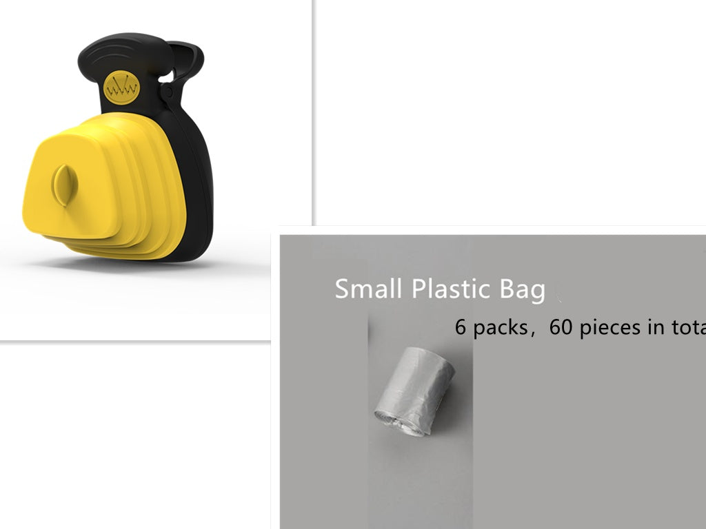 Yellow and black eco silicone foldable dog scooper with a bags on a white background