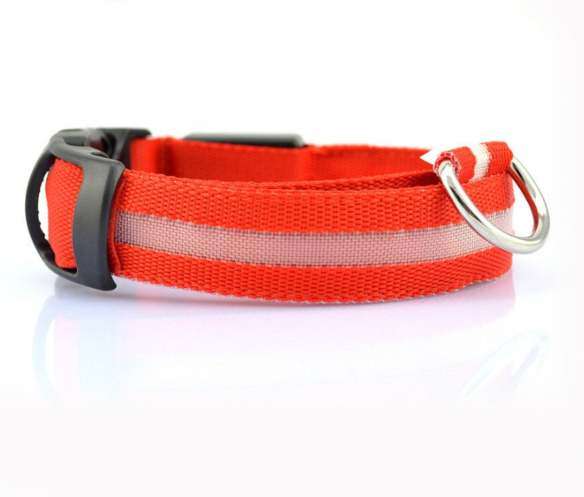 Red dog collar with reflective strip and silver D-ring on a white background