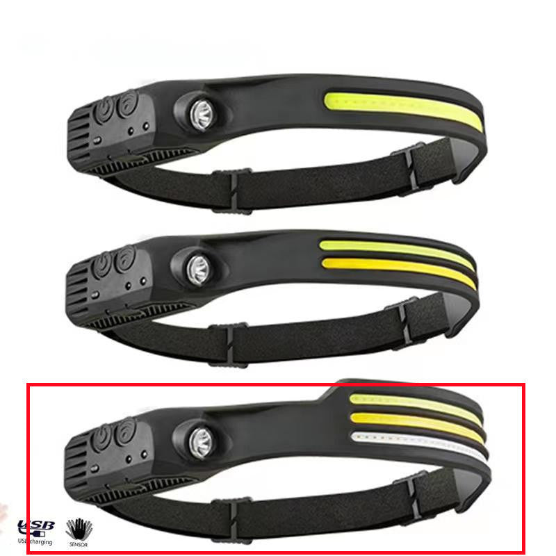 Black and yellow headlamp with USB charging indicator on a white background