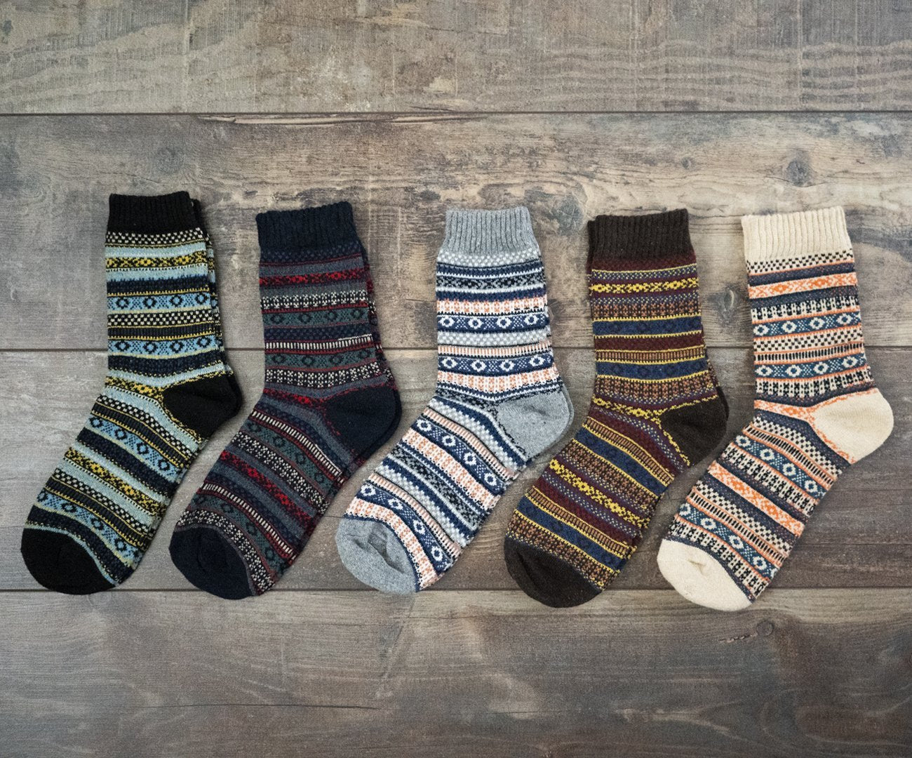 Thick striped wool outdoor socks for winter hiking and camping